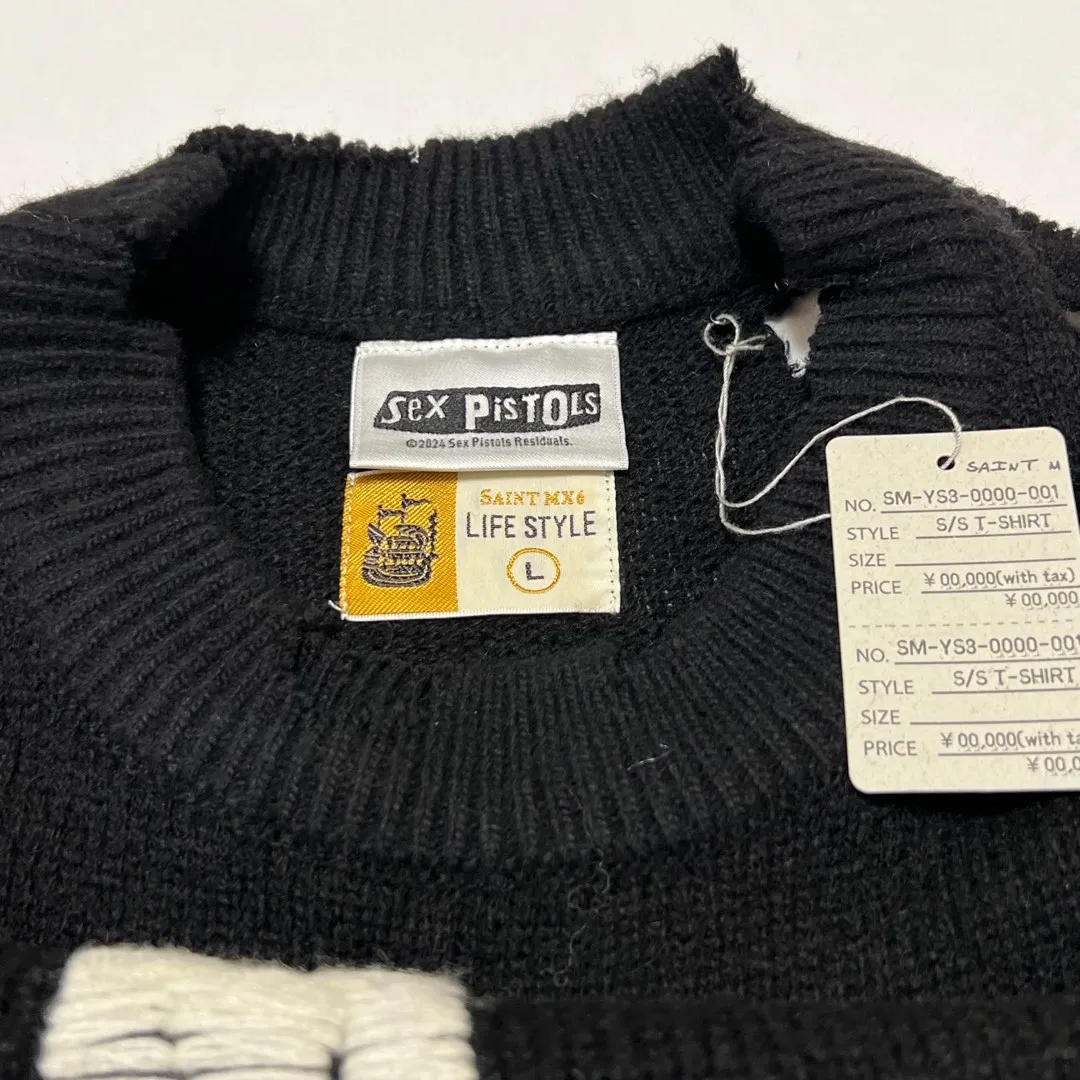 SAINT Mxxxxxx × Sex Pistols SP_CREW KNT/IAMA/BLK SEX PISTOLS band joint model destroyed hand-embroidered sweater, black S-XL, original 85% wool/15% polyester fiber blend, super complex front and rear panels, large-area hand-embroidery, hand-cut destruction treatment, custom-made correct joint main mark/wash mark